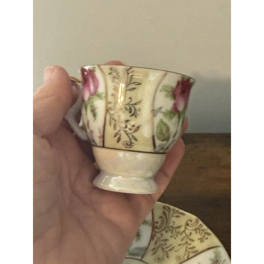 Vintage 1950s Japan Demitasse Cup Saucer Pink Roses Gold Lusterware Porcelain
